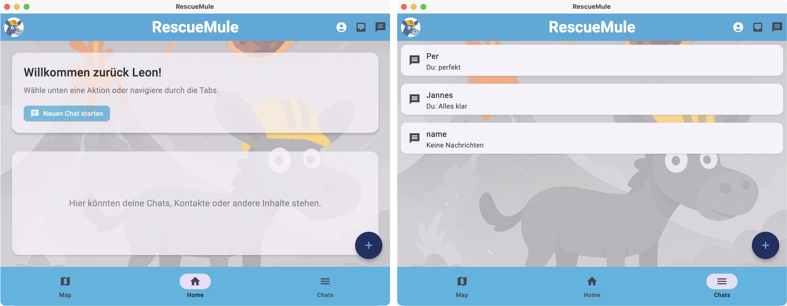 Screenshots der RescueMule-App: Willkommensbildschirm und Chat-Übersicht